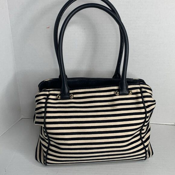 Kate Spade black/white striped canvas leather satchel bag - Picture 3 of 9